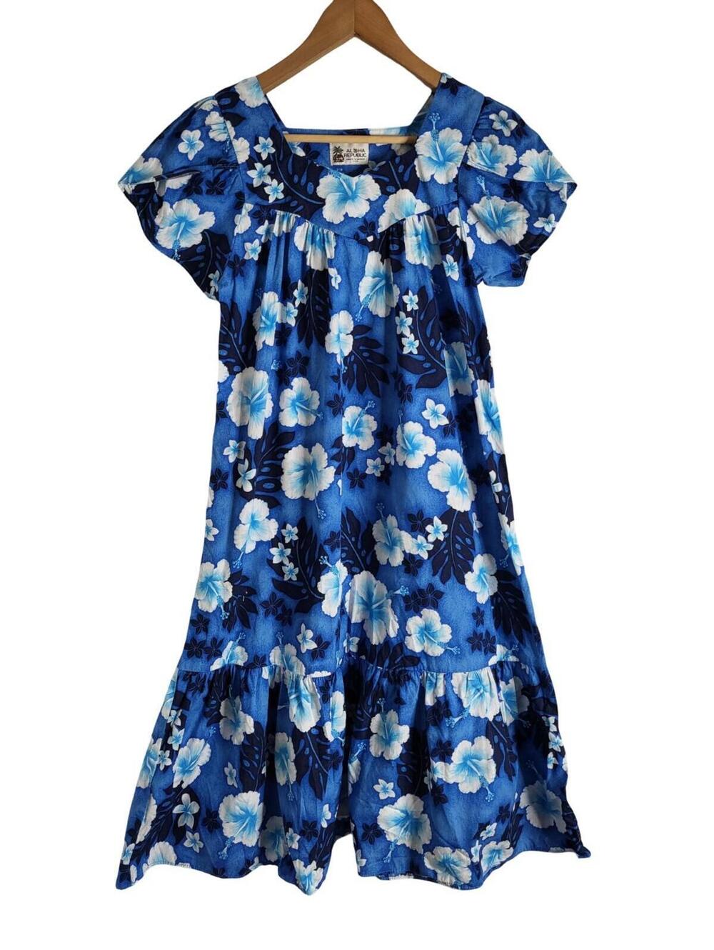 Aloha Republic Vintage Hawaiian Muumuu Dress Classic Blue White Hibiscus Print S